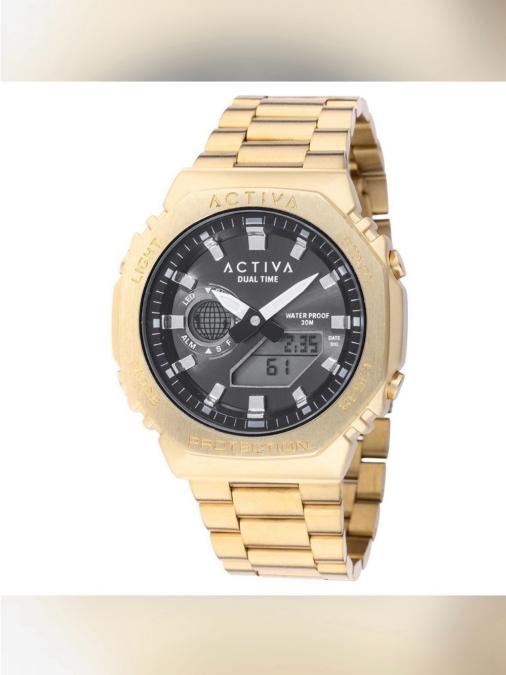 Ativa Gold Stainless Steel Dual-Time Watch with Black Dial